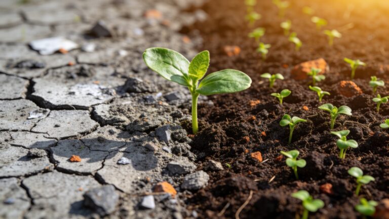 Jeune pousse verte émergeant d'une terre craquelée vers un sol fertile, symbole des sciences de la durabilité