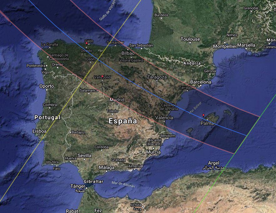 Tracé de l'éclipse totale de Soleil du 12 août 2026 sur le nord de l'Espagne, entre Gijón et Palma