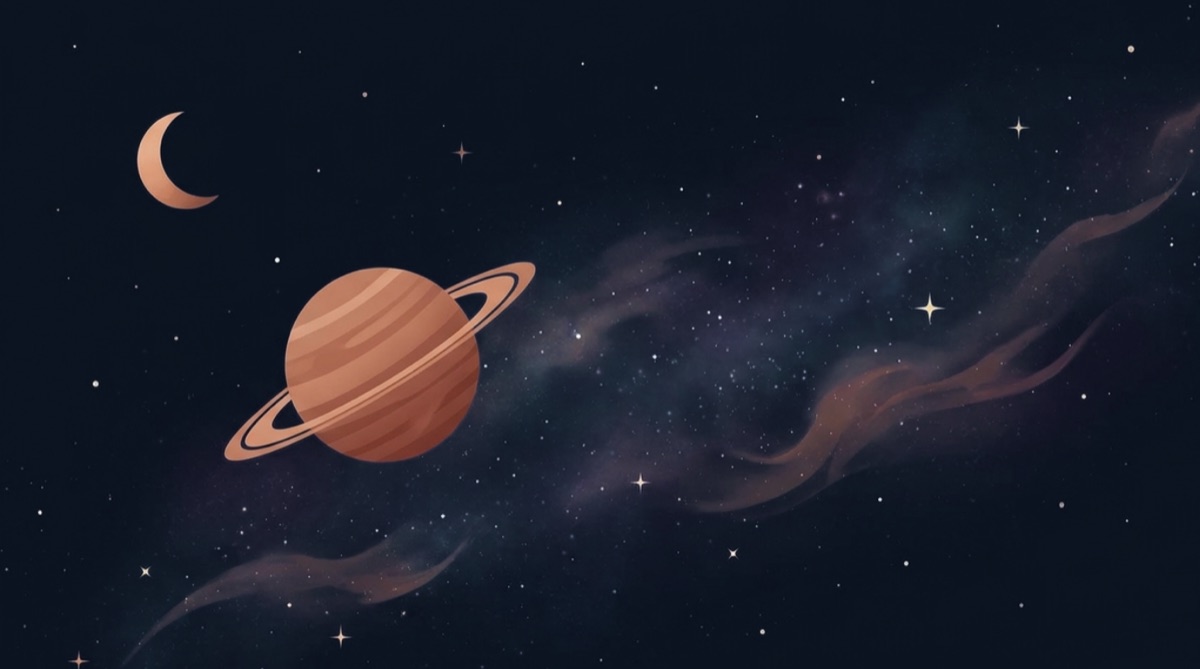 Illustration d'astronomie : planète à anneaux, croissant de lune et Voie lactée sur un ciel étoilé