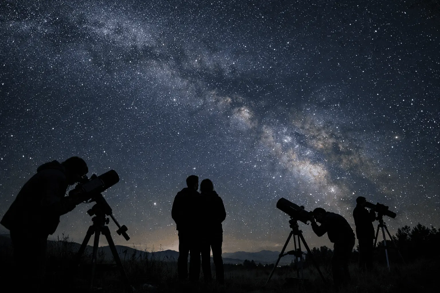 Observateurs et télescopes sous un ciel étoilé et la Voie lactée lors d'une soirée astronomie