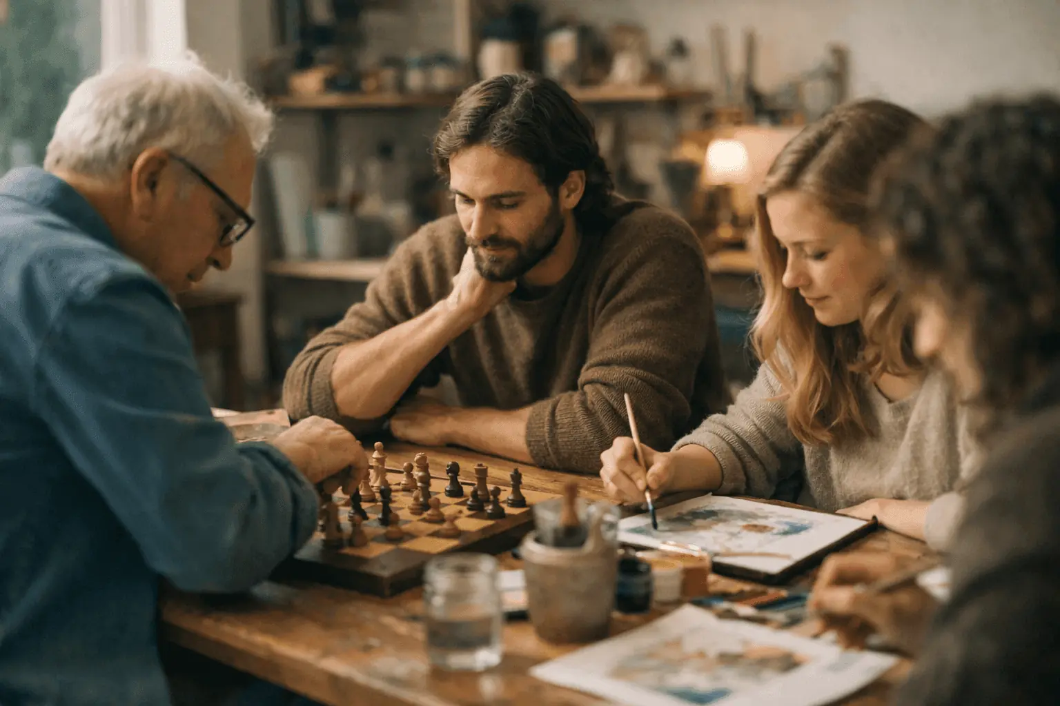Participants autour d'une table lors d'un atelier : partie d'échecs, lecture et thé